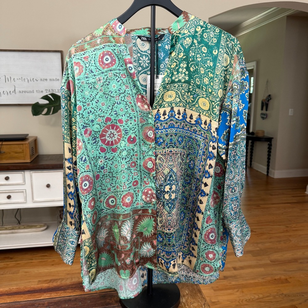 Zara Patchwork Print Tunic Top Green Blue Paisley Boho 8489/306/330 XS NEW